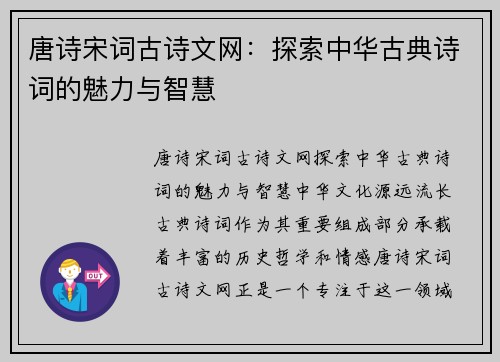 唐诗宋词古诗文网：探索中华古典诗词的魅力与智慧